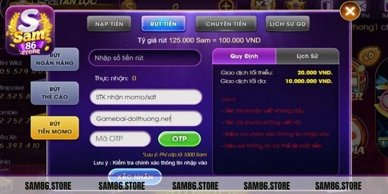 Xác nhận yêu cầu rút tiền Sam86 chờ hệ thống xử lý hoàn tất